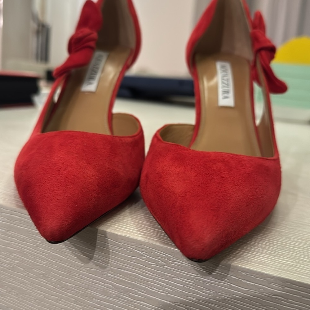 NWT AQUAZZURA Red Bow Tie Pointed toe Pumps size EU 39.5 - Picture 8 of 14